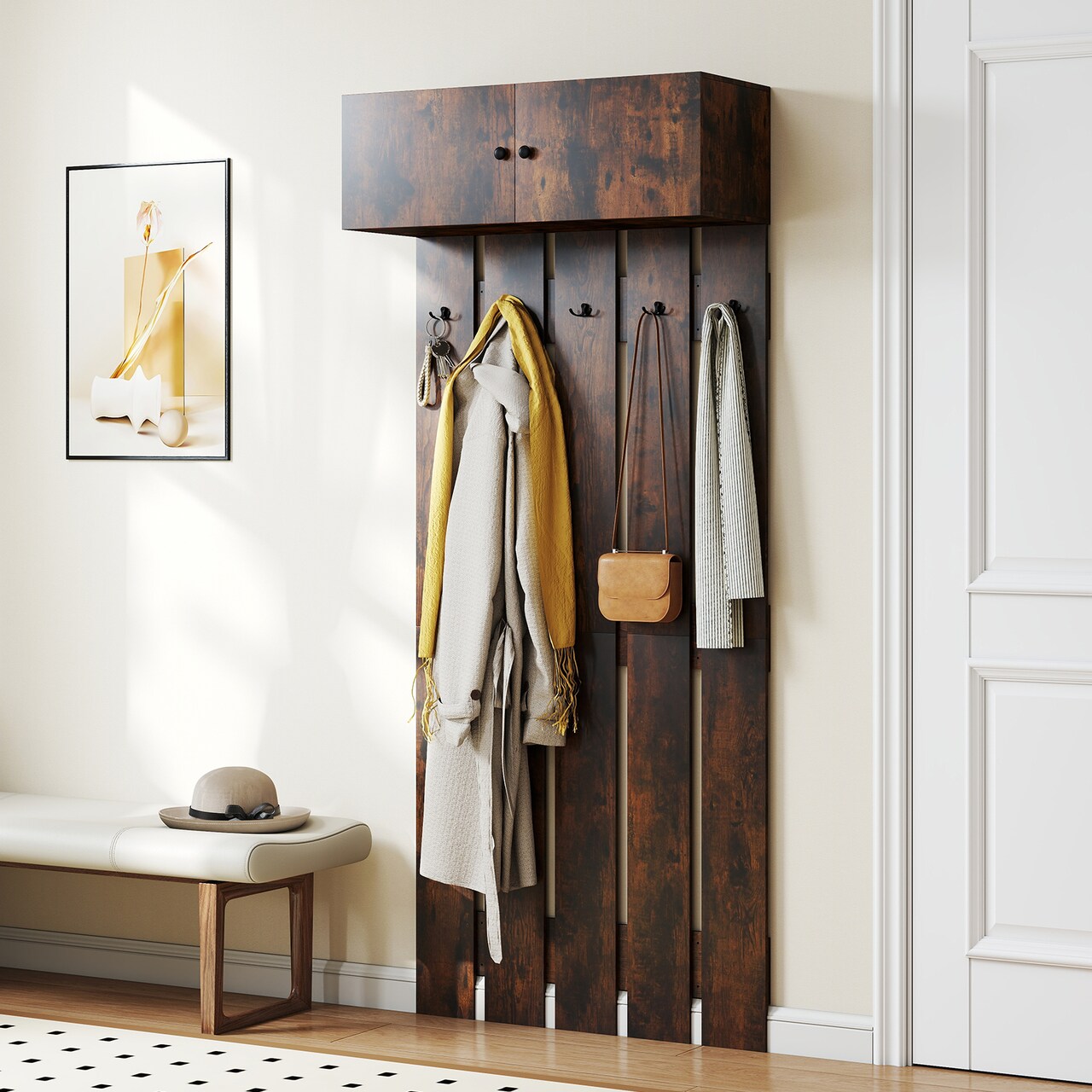 2-in-1 Wooden Wall Coat Rack with Storage Cabinet and Hooks for Living Room and Hallway